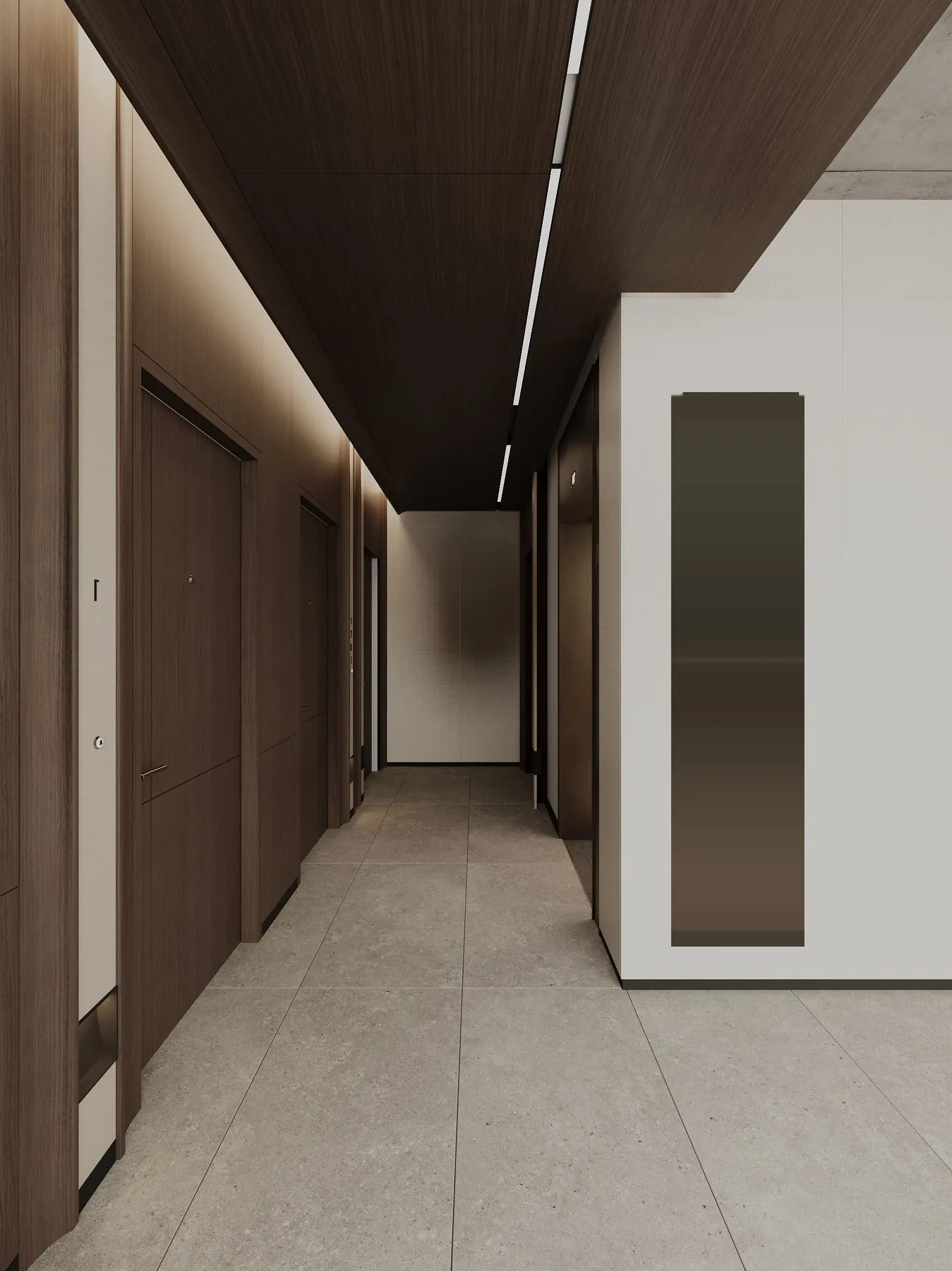 The timber lined corridor with a floor sign and a line of light