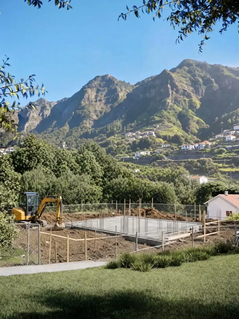 The plot with the foundation slab and the first columns, the hills of Machico behind