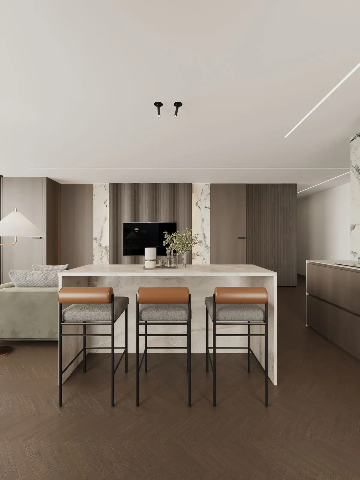 The stone kitchen island with three leather stools and the timber wall behind