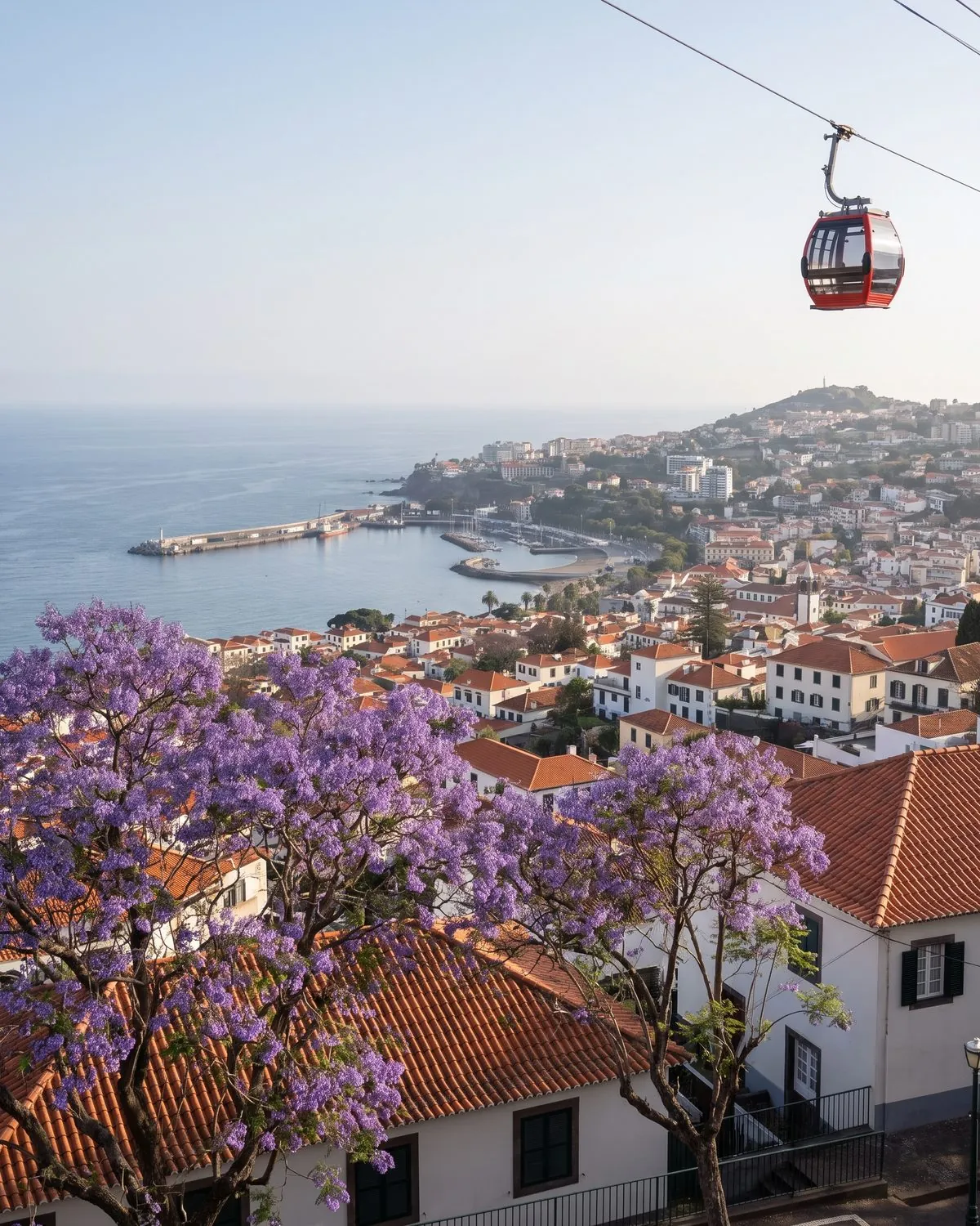Funchal from above with terracotta roofs, the harbour and a cable car