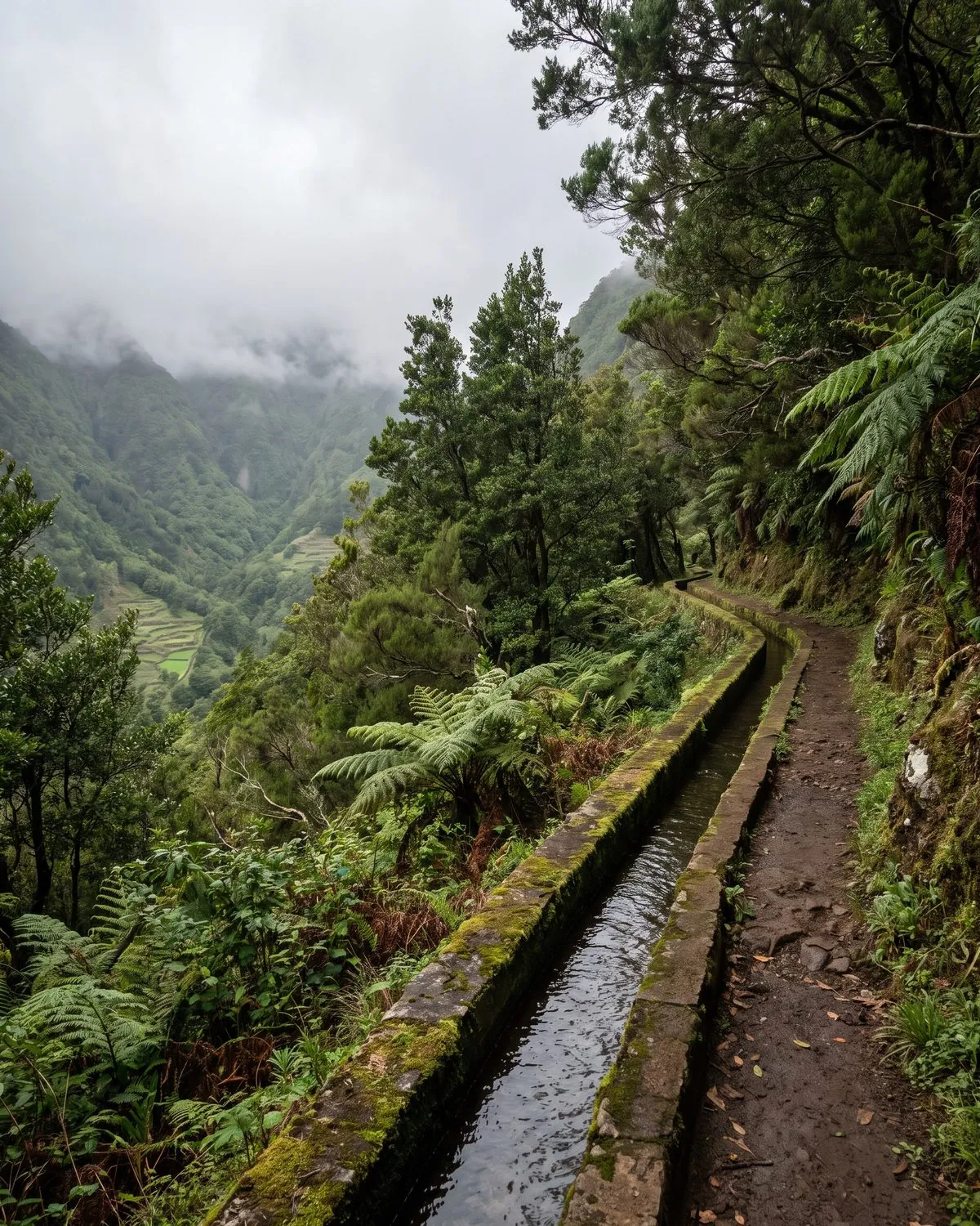 A levada water channel and footpath on a green mountainside