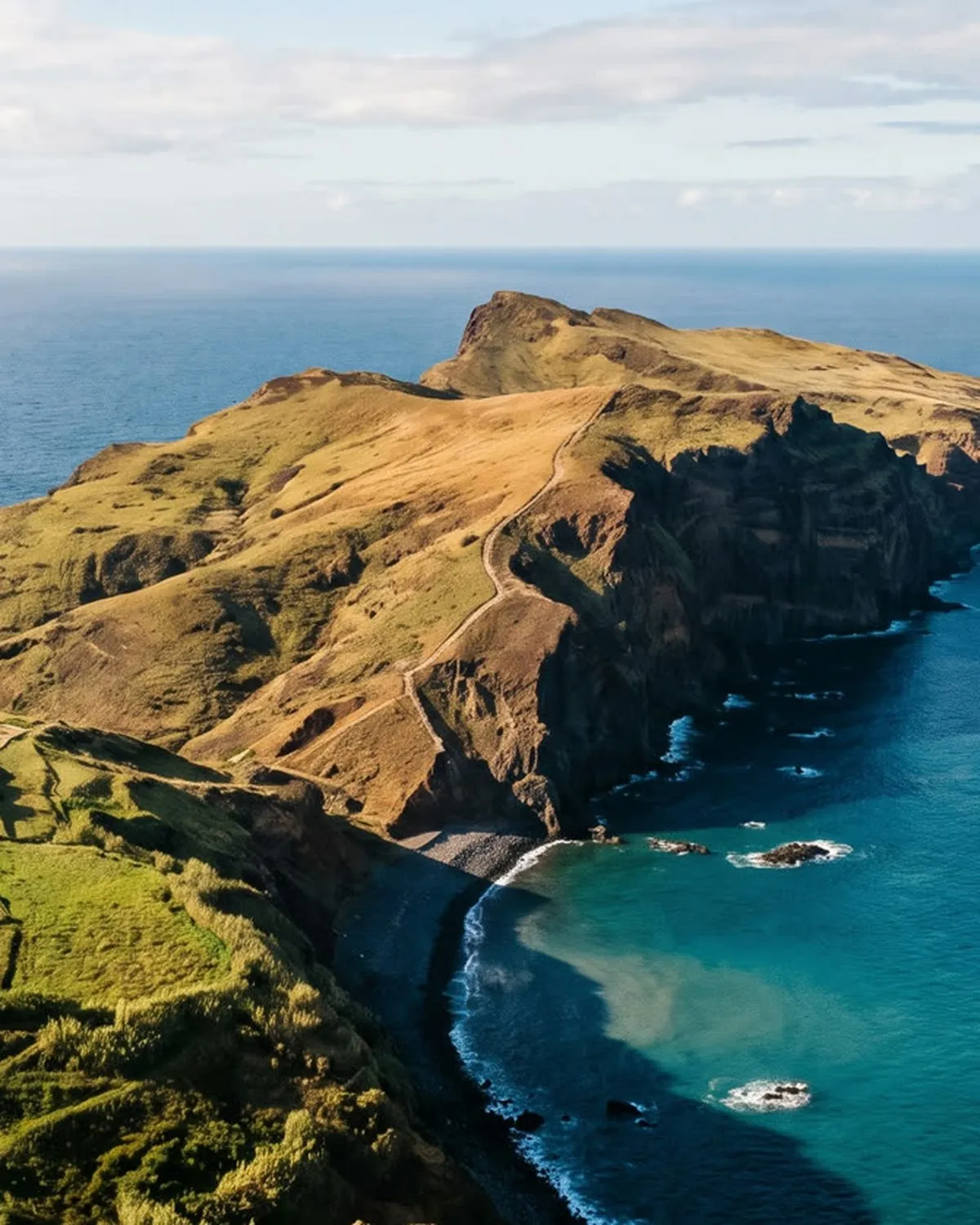 The eastern cape of Madeira, ochre cliffs above blue water