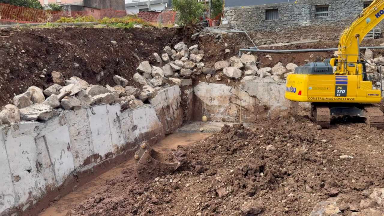 Retaining walls hold the slope