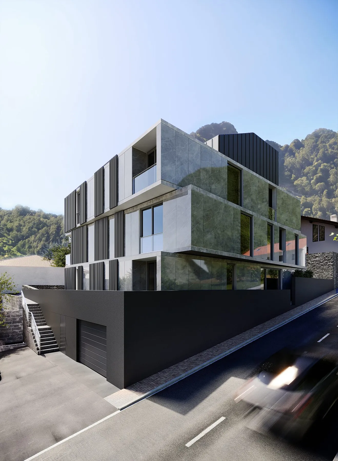 The facade: grey stone, dark louvres, glass and a green wall